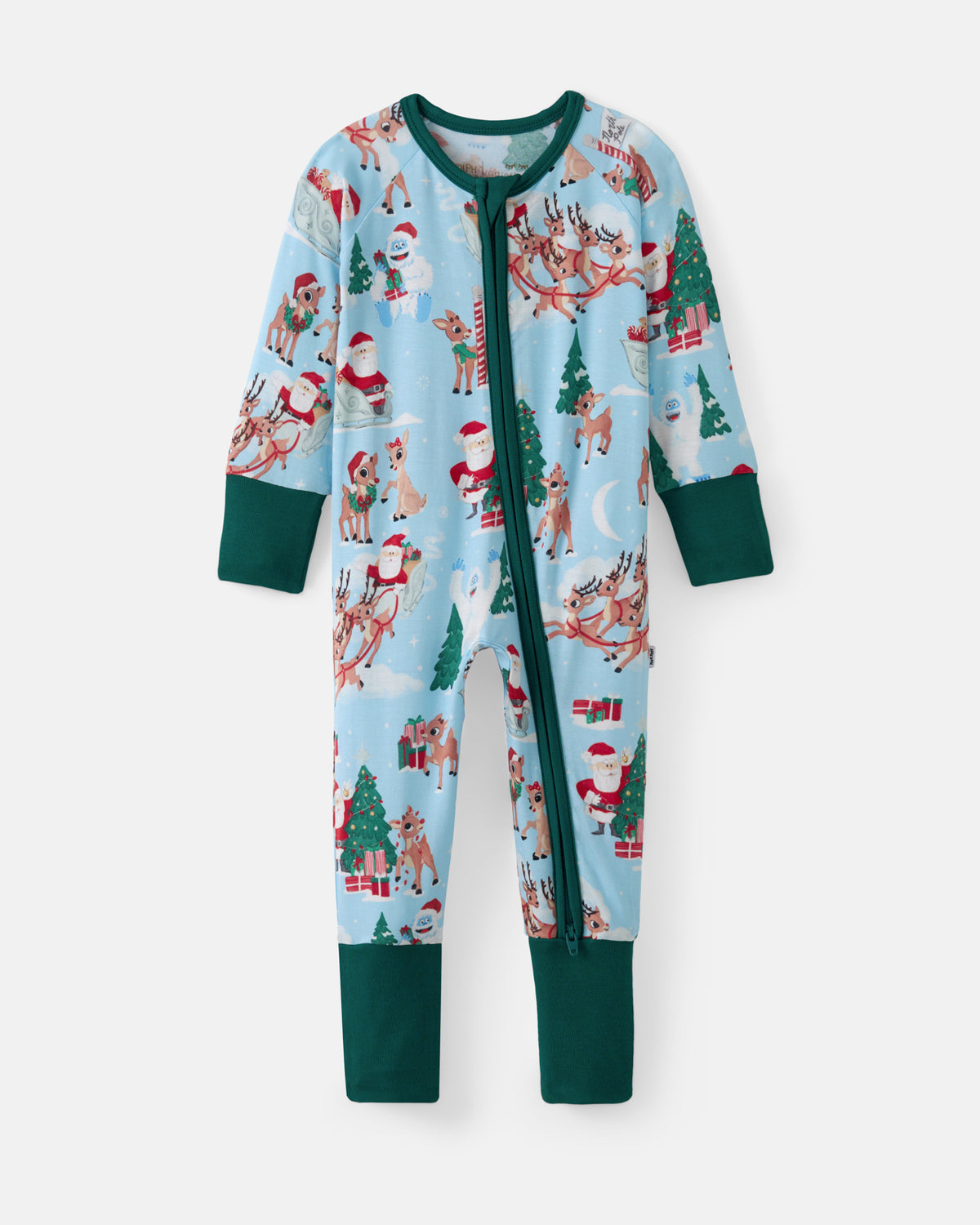 A light blue long-sleeve baby footed sleeper with a dark green zipper, cuffs, and hem, featuring a festive Christmas print of Santa Claus, reindeer, and Christmas trees.