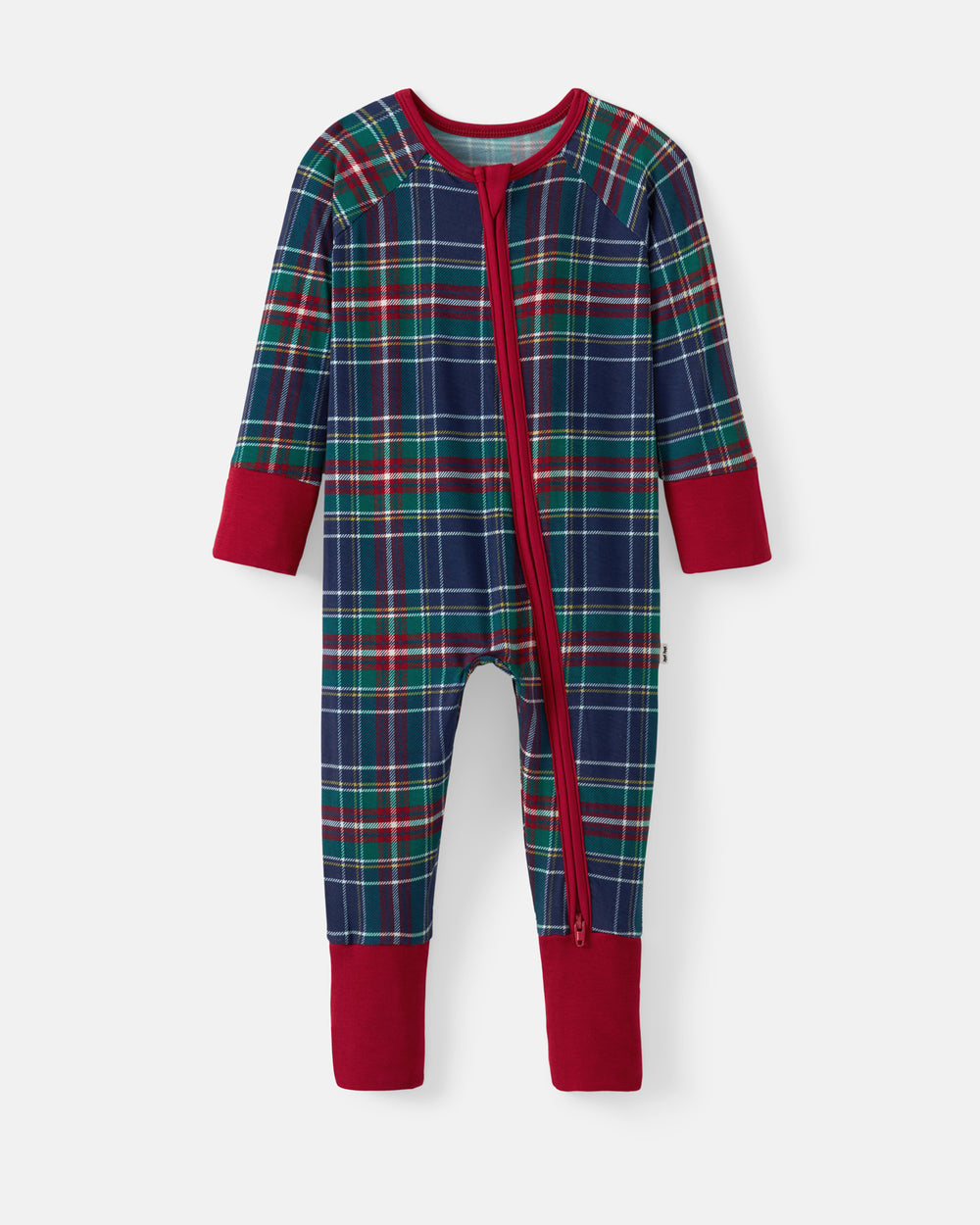 A baby long-sleeve footless zip-up sleeper in a navy blue tartan plaid pattern with red, green, and white stripes, featuring solid red cuffs and leg boots, shown on a light gray background.