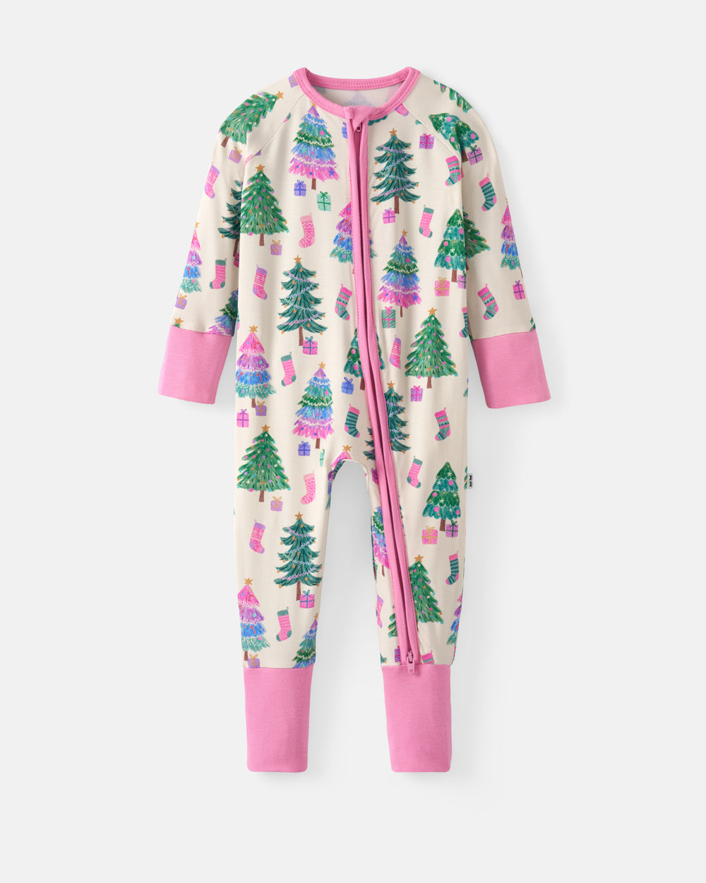 A baby's long-sleeve zip-up footed sleeper with a Christmas tree and gift pattern on a cream background, featuring pink cuffs and leg cuffs.