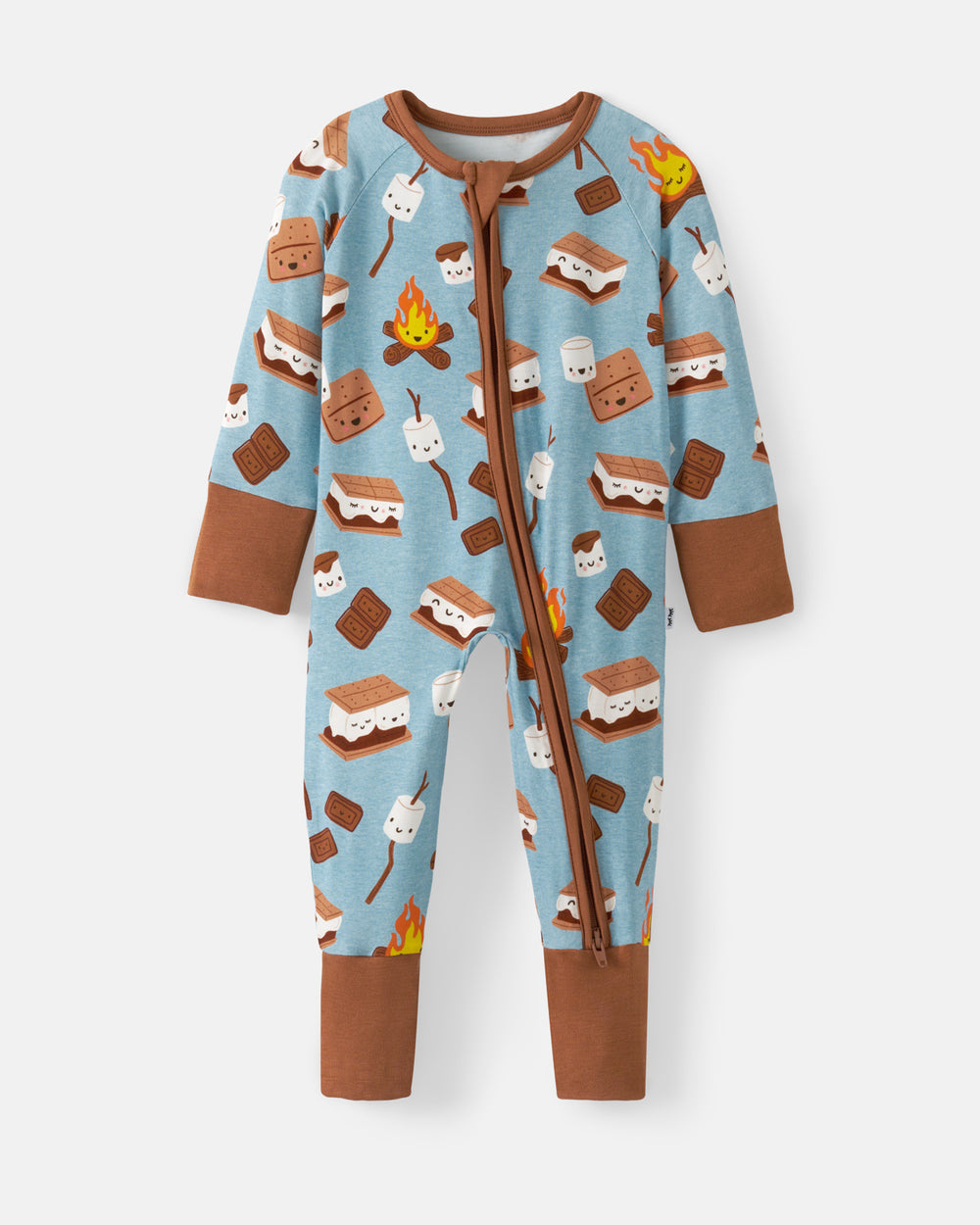 A baby's long-sleeve footed sleeper with a light blue background and a s'mores and campfire print, featuring brown ribbed cuffs and collar, and a front zipper.