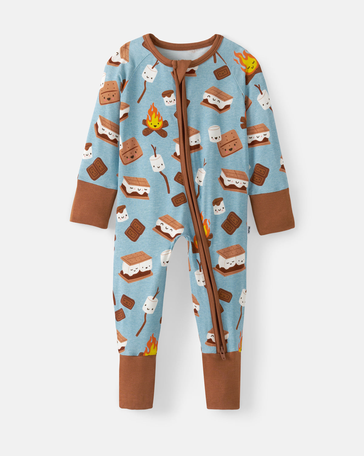 A baby's long-sleeve footed sleeper with a light blue background and a s'mores and campfire print, featuring brown ribbed cuffs and collar, and a front zipper.