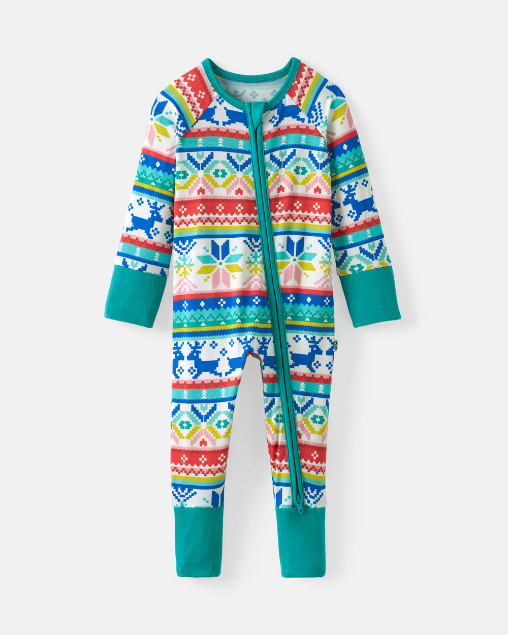 A baby long-sleeve zip-up footed sleeper with a colorful Nordic and Fair Isle pattern featuring blue reindeer, red and yellow geometric accents, and teal cuffs and zipper trim, shown on a light gray background.