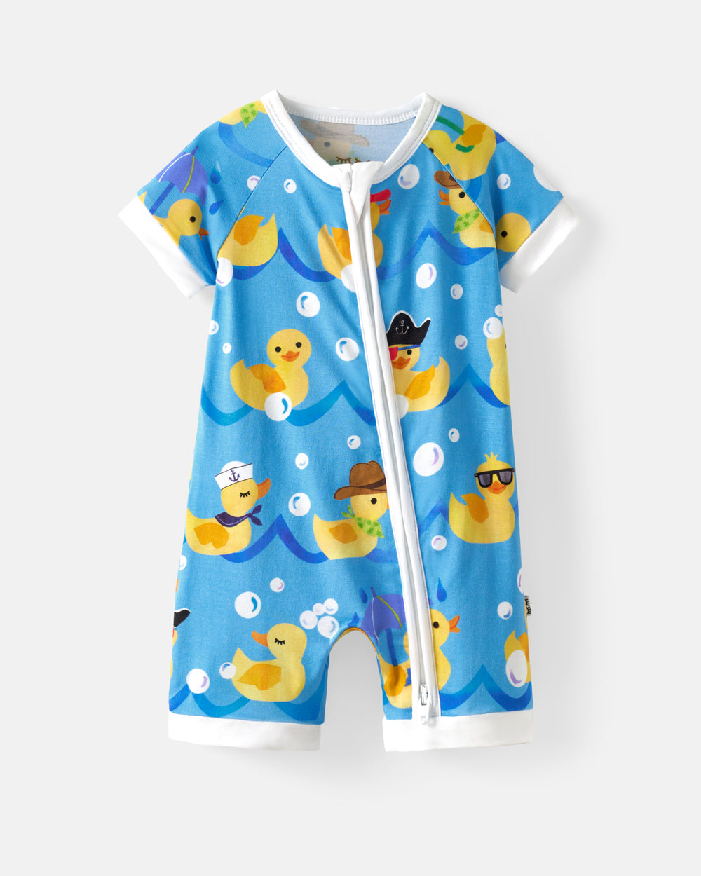 A baby short-sleeve romper with a blue water-themed print featuring yellow rubber ducks, white ruffles, and a front zipper.