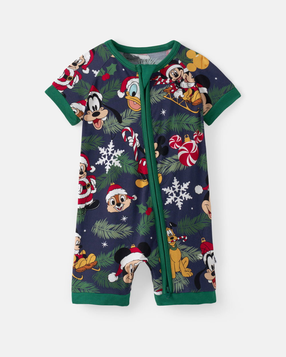 A baby short-sleeve zip-front pajama romper in navy blue with a festive Christmas print featuring Disney characters like Mickey Mouse, Donald Duck, Goofy, and Pluto, along with green trim and white snowflakes.