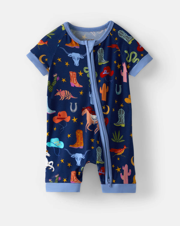 Flat lay of the Blue Rancher Roundup Shorty Zippy