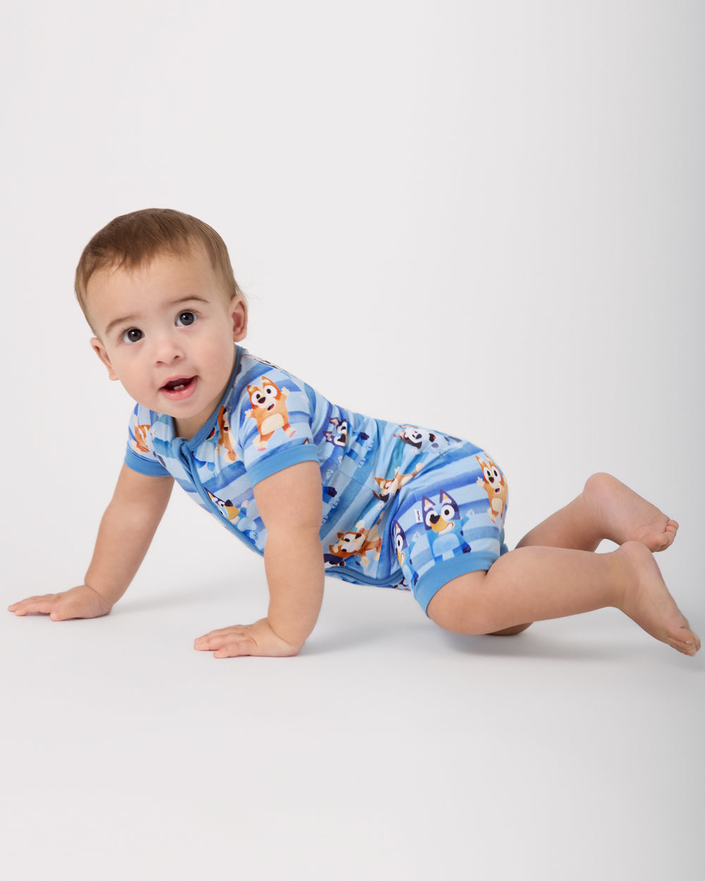 Alternate of crawling baby wearing the Bluey Dance All Day Shorty Zippy