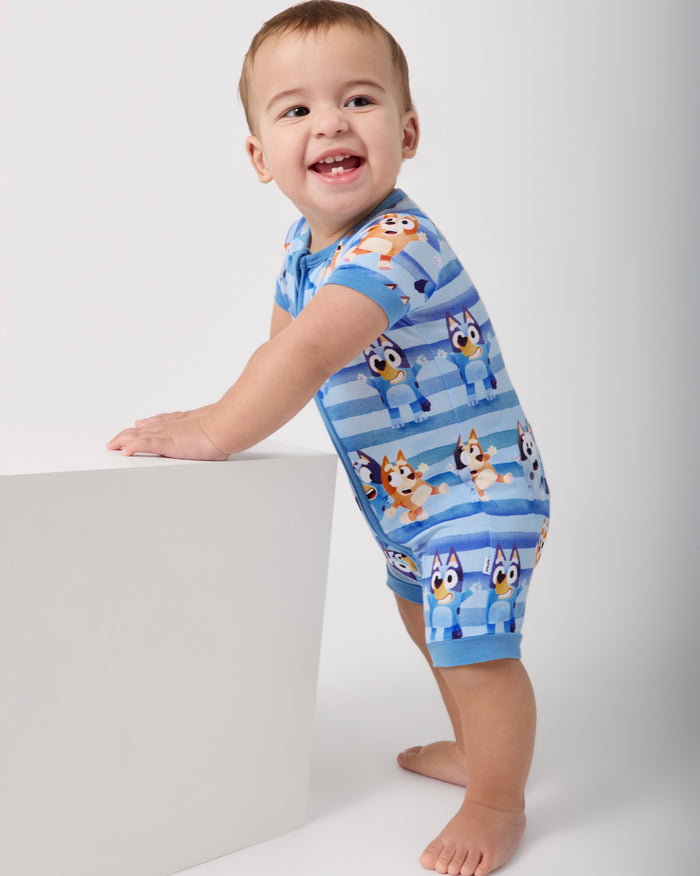 Standing baby wearing the Bluey Dance All Day Shorty Zippy