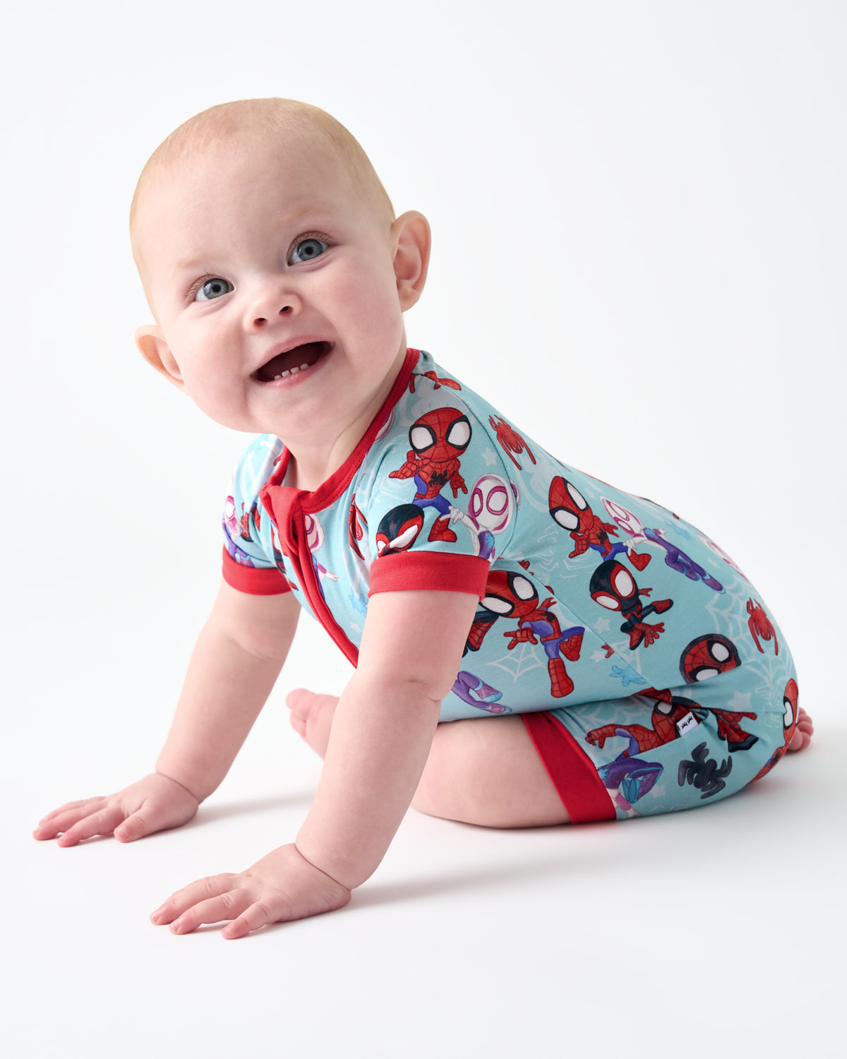 Alternate of crawling baby wearing the Spidey & Friends Tiny Webs Shorty Zippy