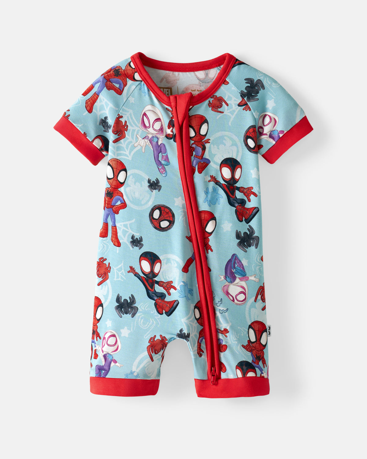Flat lay of the Spidey & Friends Tiny Webs Shorty Zippy