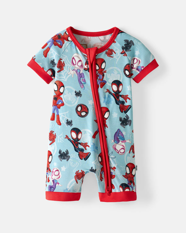 Flat lay of the Spidey & Friends Tiny Webs Shorty Zippy