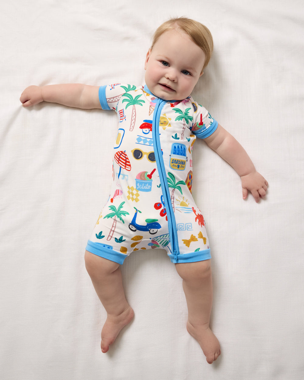 Aerial view of baby wearing the Ciao Bella Shorty Zippy