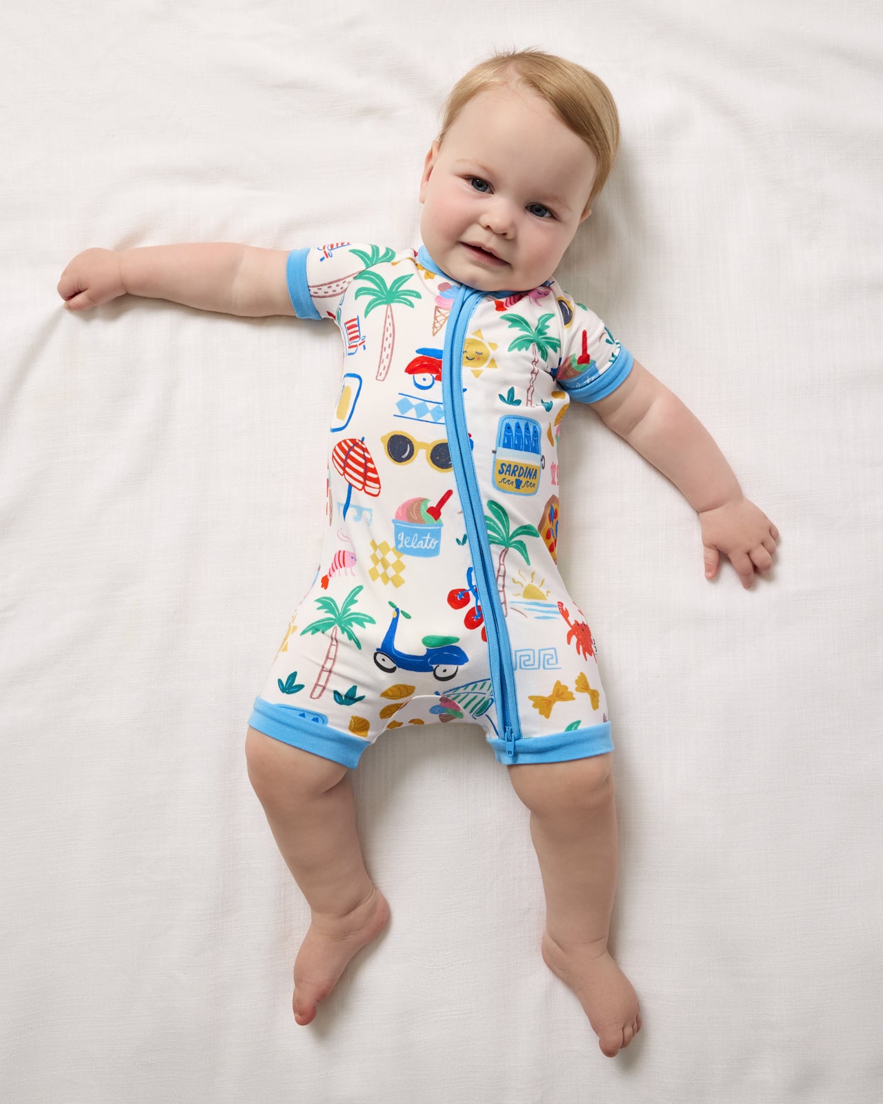 Aerial view of baby wearing the Ciao Bella Shorty Zippy