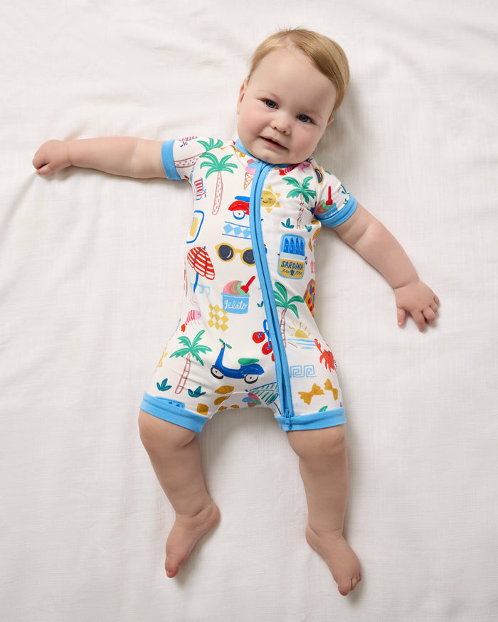 Aerial view of baby wearing the Ciao Bella Shorty Zippy