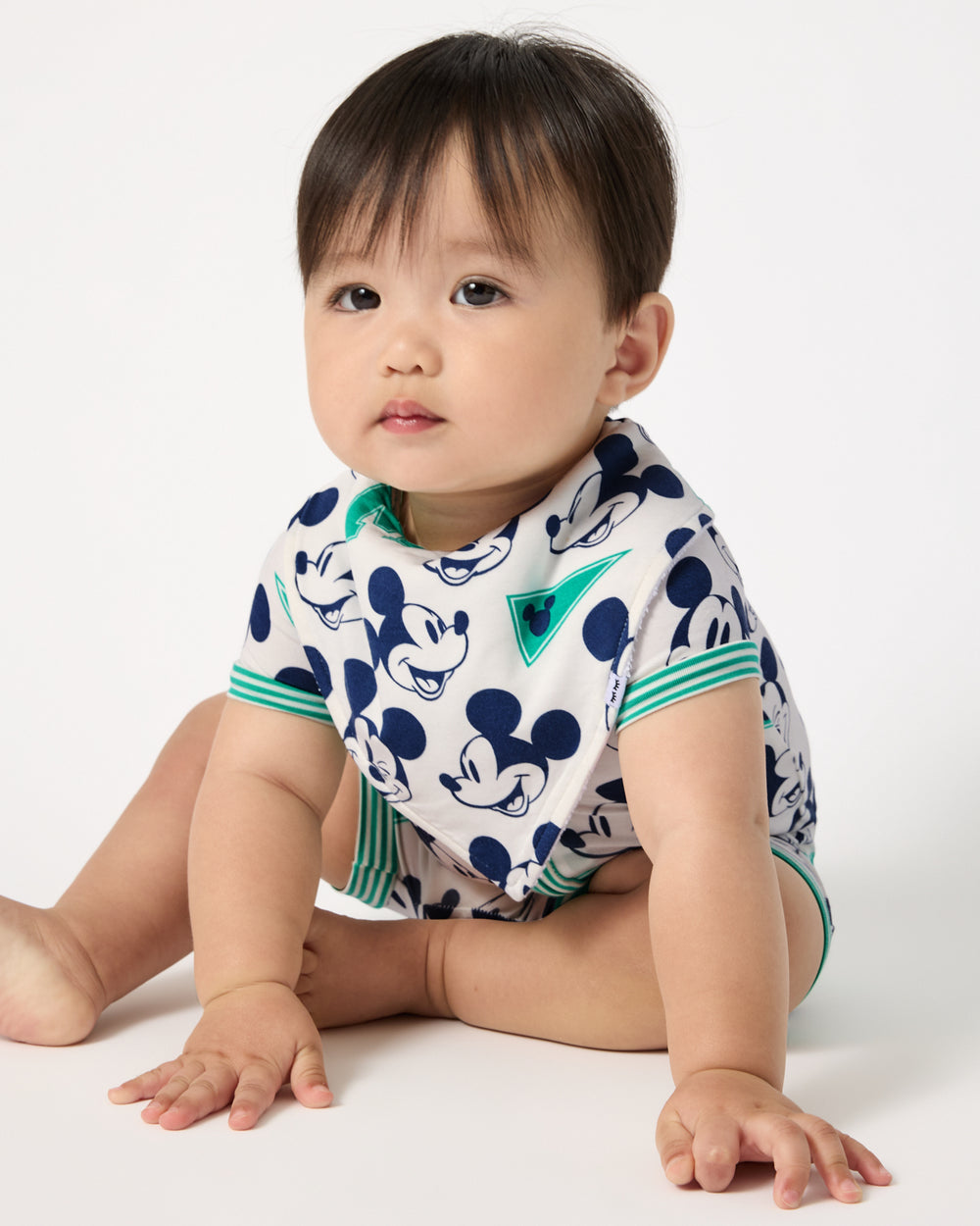 Alternate baby wearing the Disney Varsity Mickey Mouse Bandana Bib and Shorty Zippy