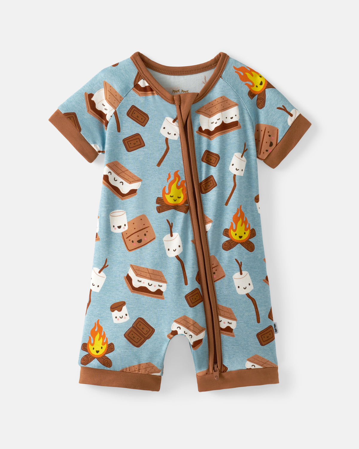 A baby short-sleeve romper in light blue with a brown trim and an all-over s'mores print, featuring campfire flames, marshmallows, and chocolate squares on a light gray background.