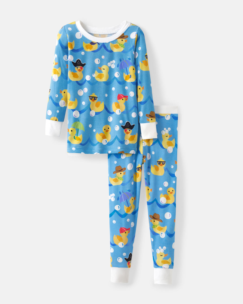 A two-piece children's pajama set featuring a long-sleeve top and matching pants in light blue, printed with a playful pattern of yellow rubber ducks wearing cowboy hats, sunglasses, and umbrellas, with white ribbed cuffs and collar.