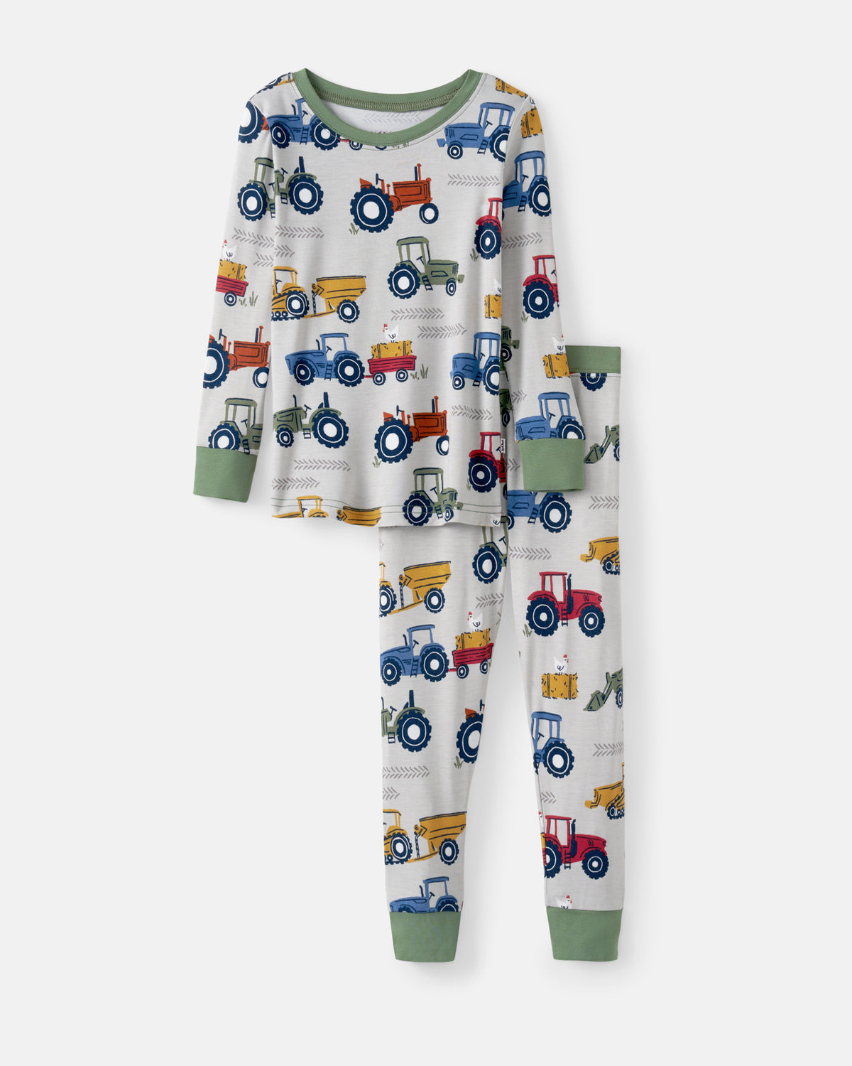 Flat lay of the Tractor Tales Two-Piece Pajama Set