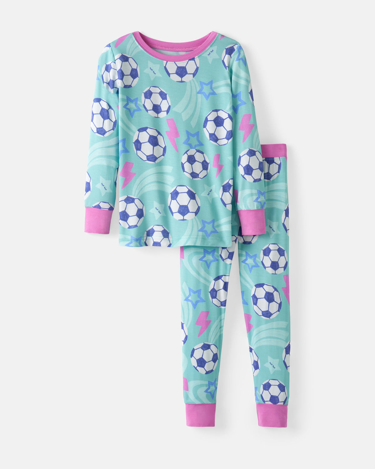 Flat lay of the Aqua Soccer Stars Two-Piece Pajama Set