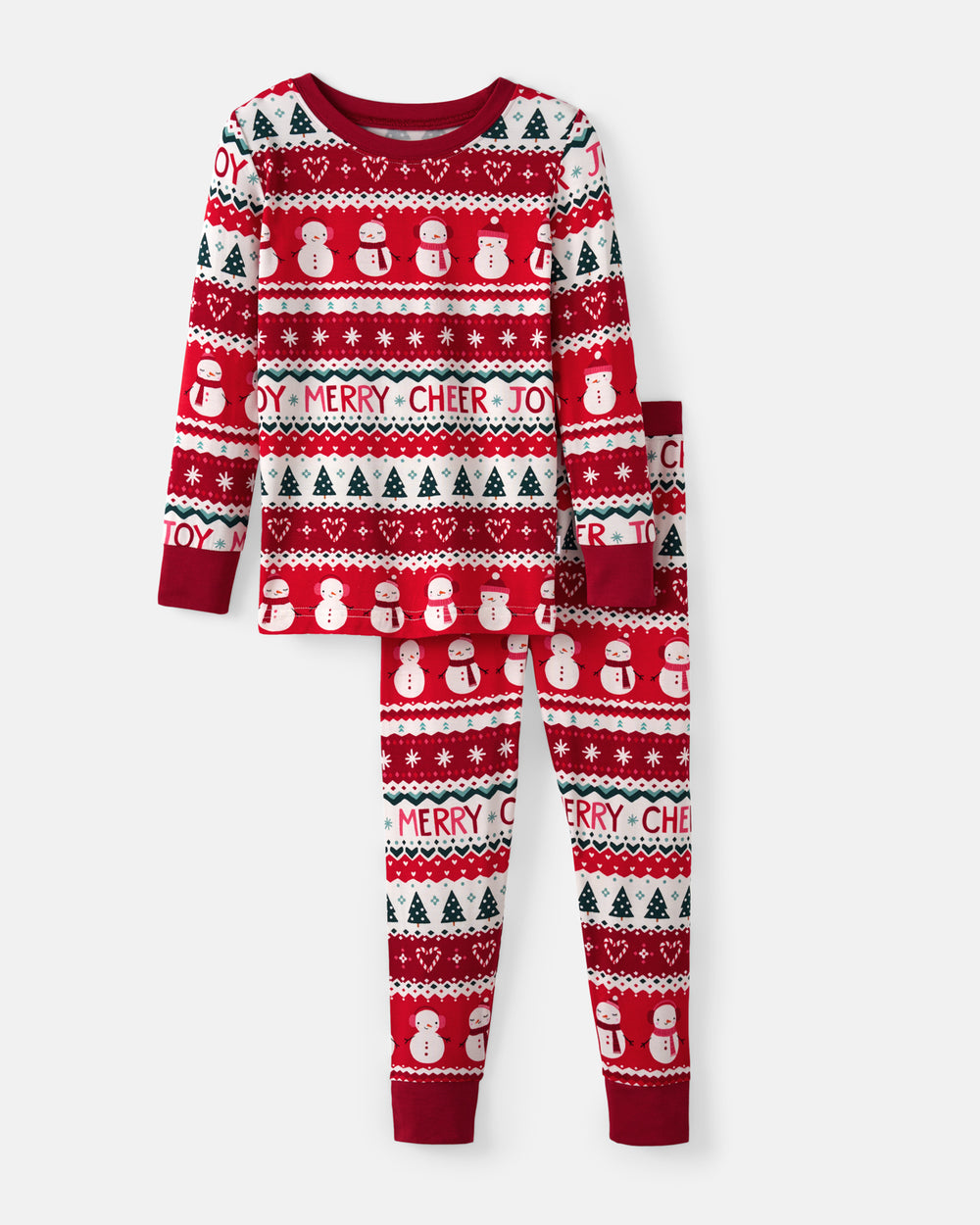 A two-piece children's pajama set featuring a long-sleeve top and matching pants with a festive Christmas fair isle pattern in red, white, and black.