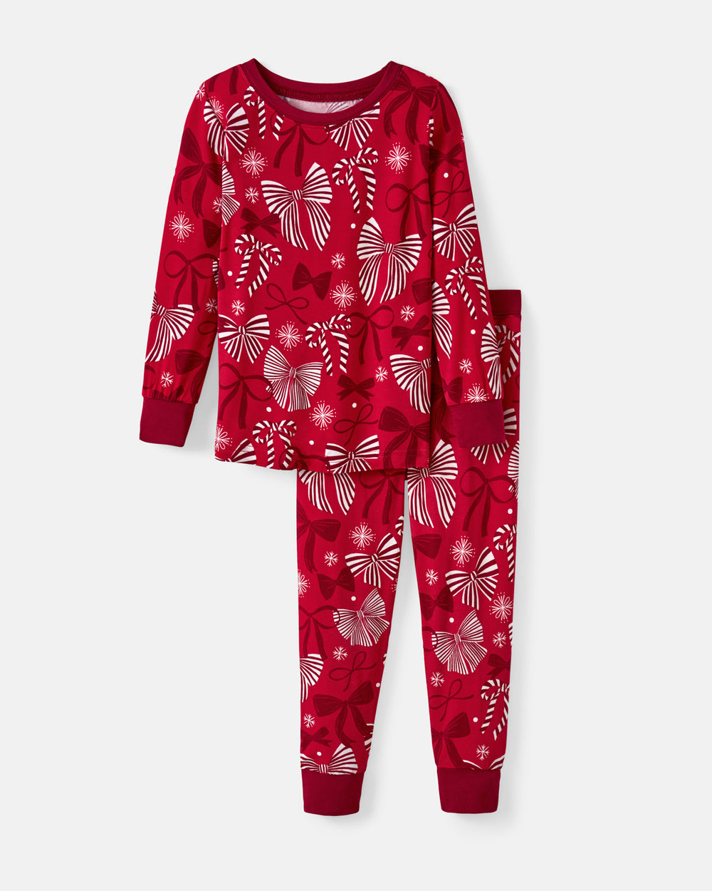 Flat lay of the Holiday Bows Two-Piece Pajama Set