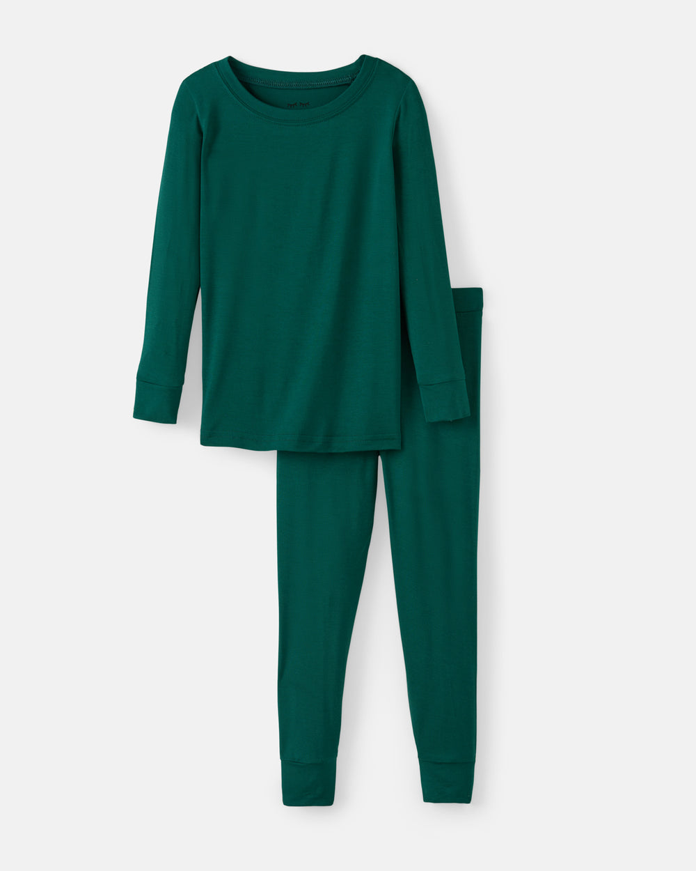 A two-piece children's pajama set in a solid dark green color, featuring a long-sleeve top and matching pants, displayed on a clean light gray background.