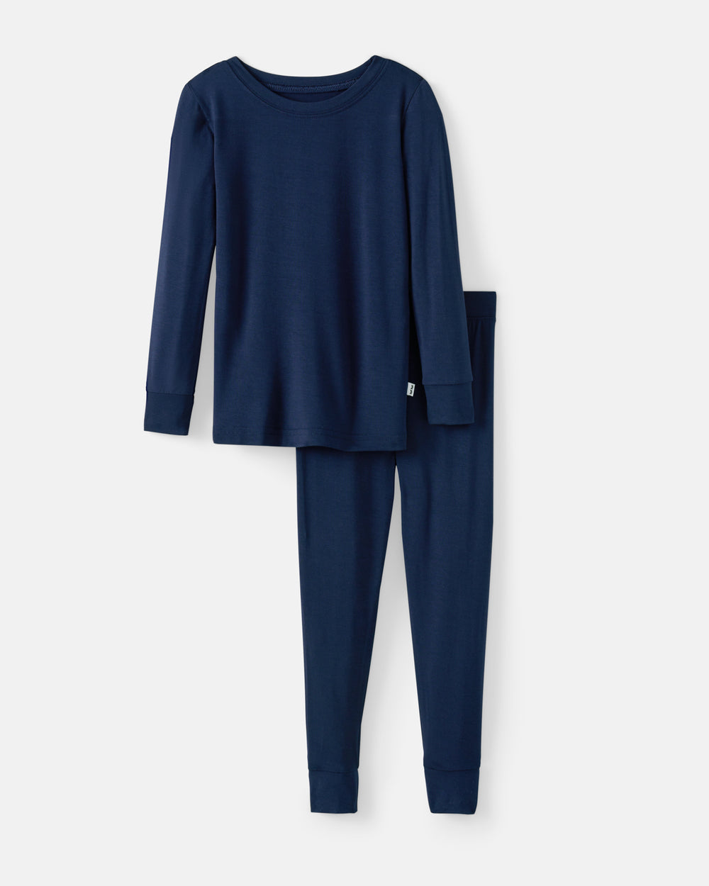 A two-piece children's pajama set in solid navy blue, featuring a long-sleeve top with a wide crew neck and matching long pants, displayed on a clean light gray background.