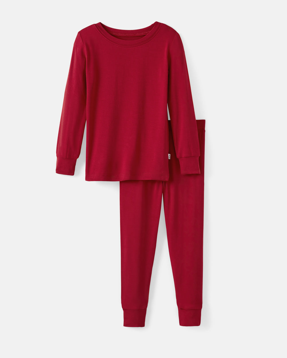 A two-piece children's pajama set in a deep red color, featuring a long-sleeve top and matching pants, displayed on a clean white background.
