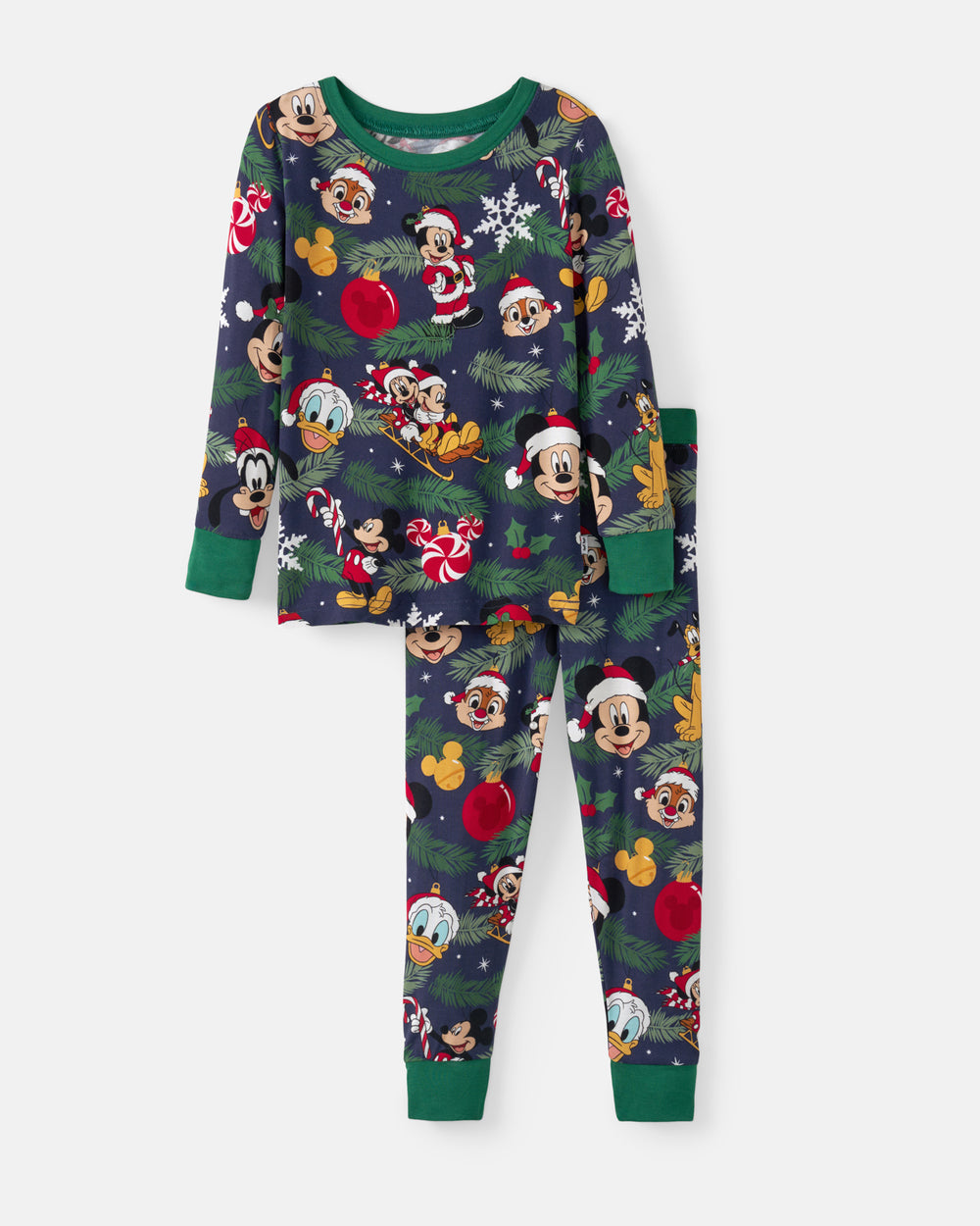 A two-piece children's pajama set featuring a festive Christmas print with Disney characters like Mickey Mouse, Minnie Mouse, Donald Duck, and Goofy on a dark navy background with green cuffs and collar.