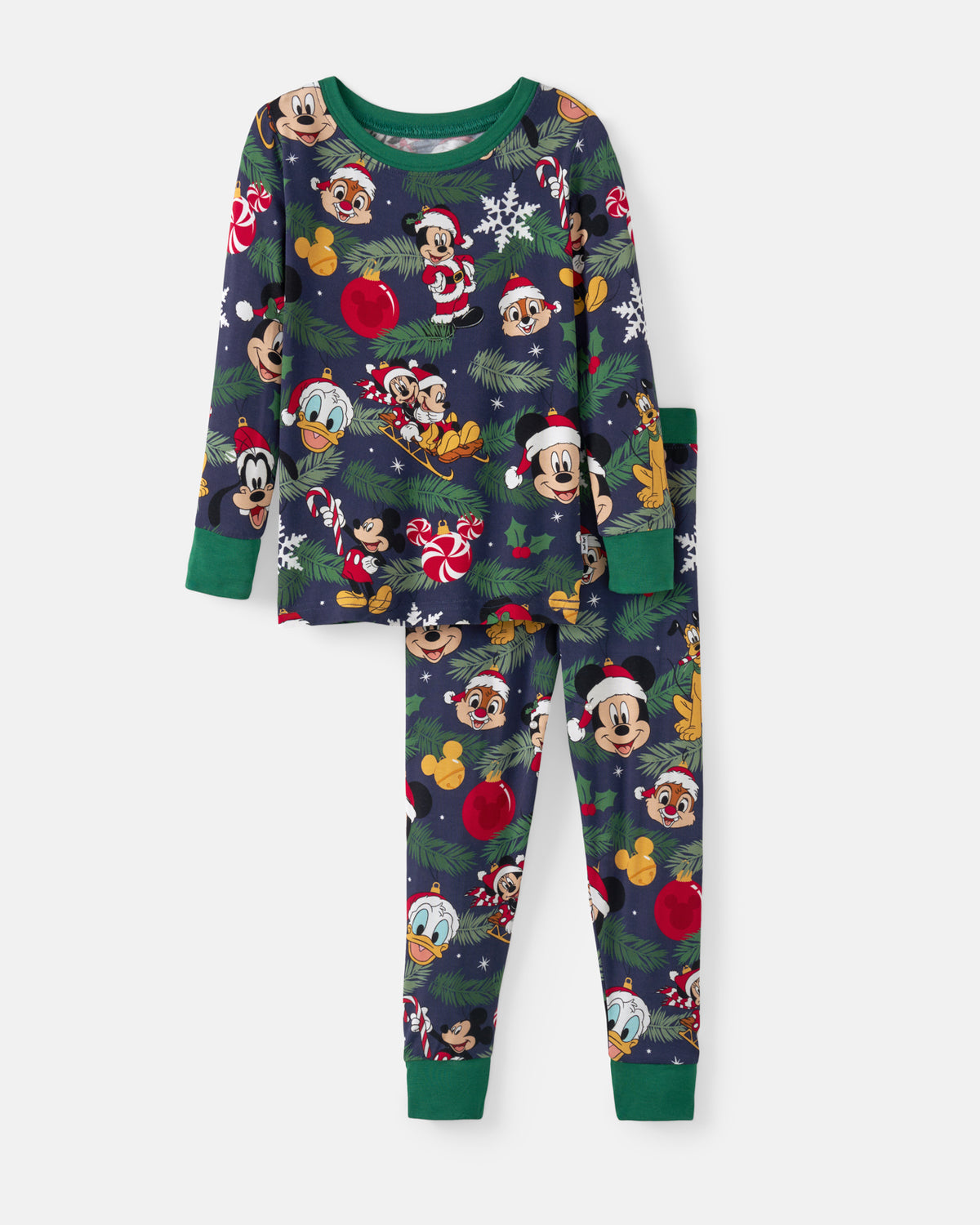 A two-piece children's pajama set featuring a festive Christmas print with Disney characters like Mickey Mouse, Minnie Mouse, Donald Duck, and Goofy on a dark navy background with green cuffs and collar.