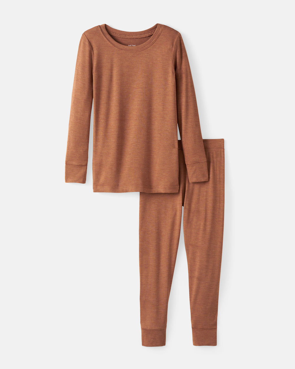 A two-piece long-sleeve pajama set in a heathered rust brown color, featuring a crewneck top and matching pants, displayed on a clean light gray background.