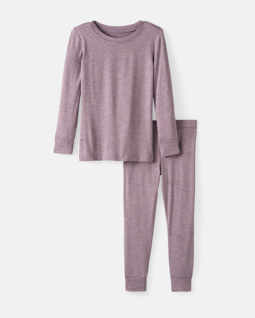 A two-piece children's pajama set in a heathered dusty mauve-purple color, featuring a long-sleeve crewneck top and matching pants, laid flat against a light gray background.