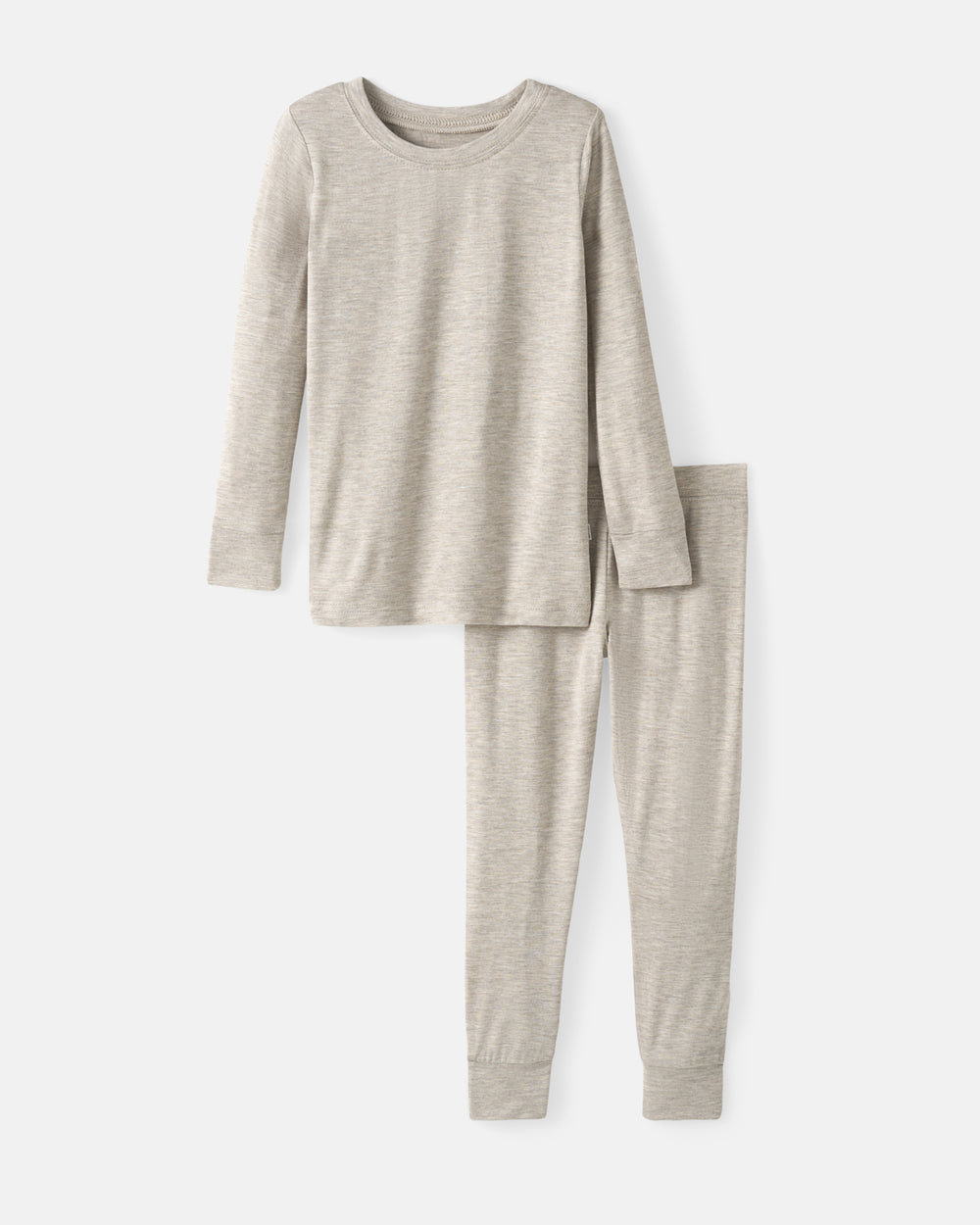 A two-piece children's pajama set in a light heathered oatmeal beige, featuring a long-sleeve crewneck top and matching long pants, shown on a clean white background.