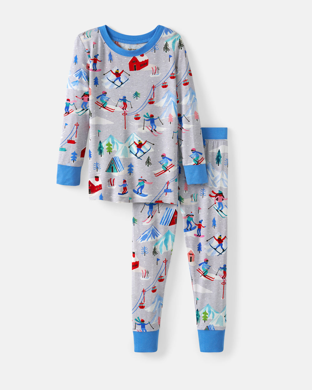 A two-piece children's pajama set featuring a light gray long-sleeve top and matching pants with a colorful ski resort print and solid blue cuffs and collar.