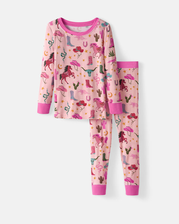 Flat lay of the Pink Rancher Roundup Two-Piece Pajama Set