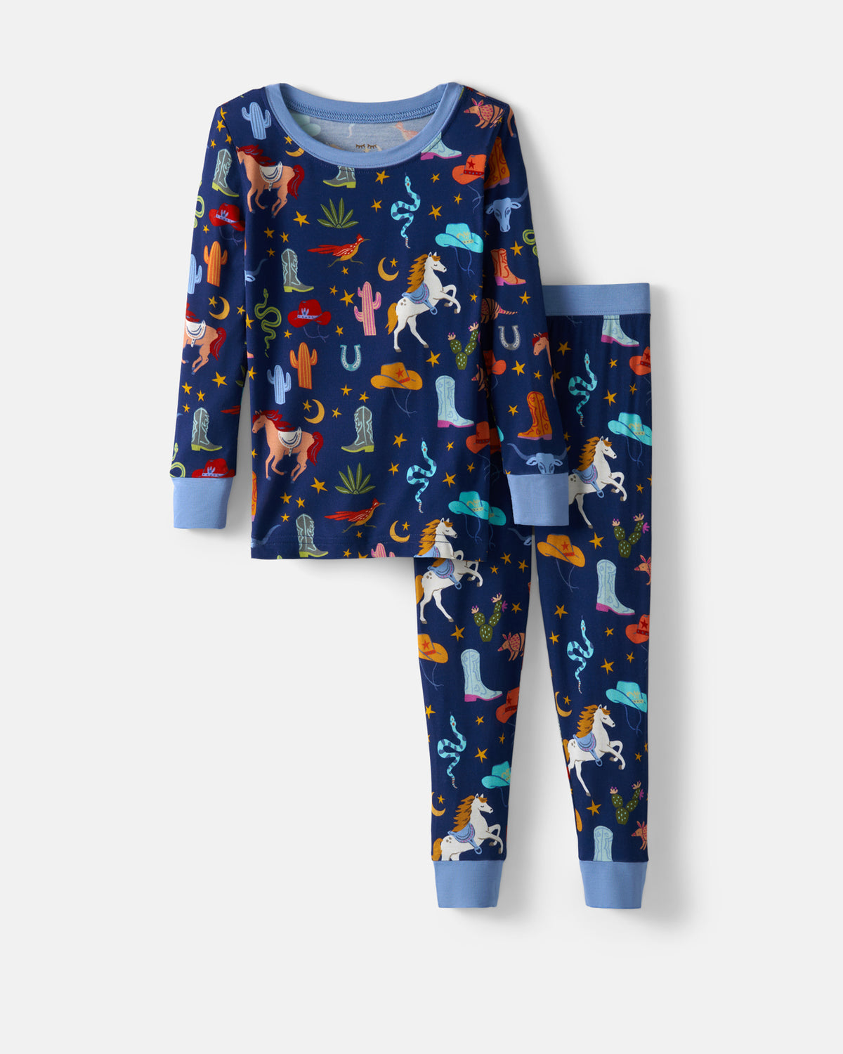 Flat lay of the Blue Rancher Roundup Two-Piece Pajama Set