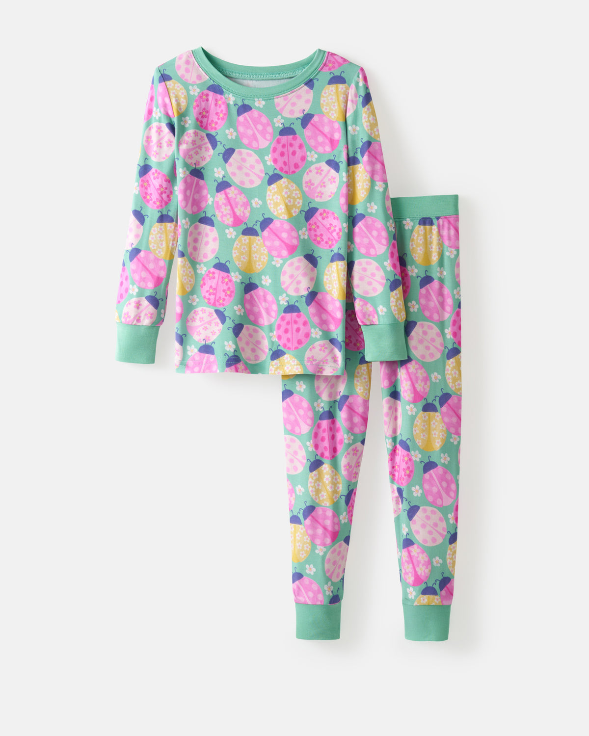 Flat lay of the Ladybug Meadow Two-Piece Pajama Set