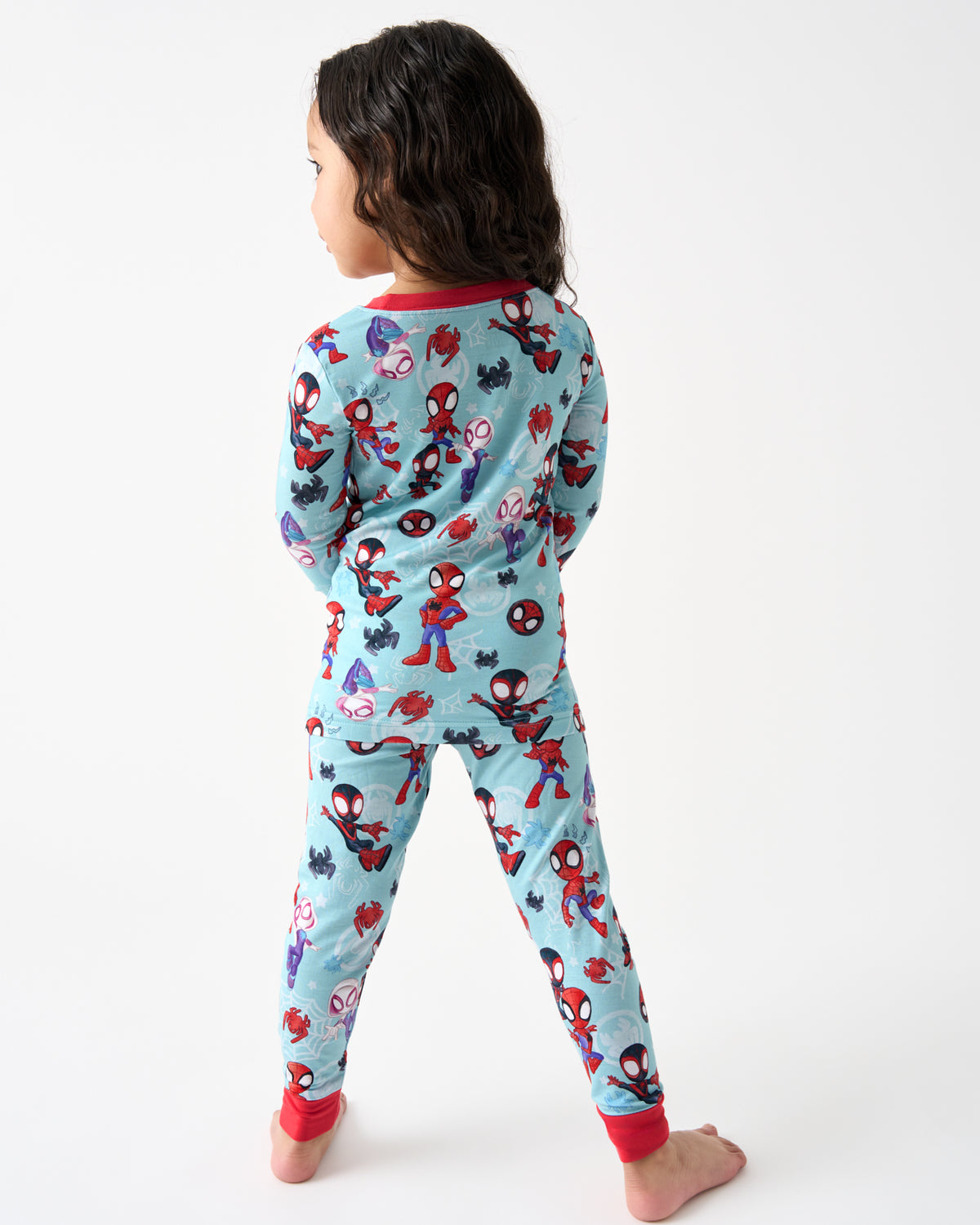 Back view of girl wearing the Spidey & Friends Tiny Webs Two-Piece Pajama Set
