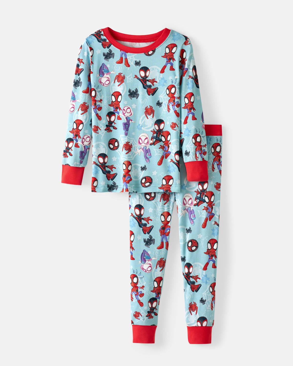 Flat lay of the Spidey & Friends Tiny Webs Two-Piece Pajama Set