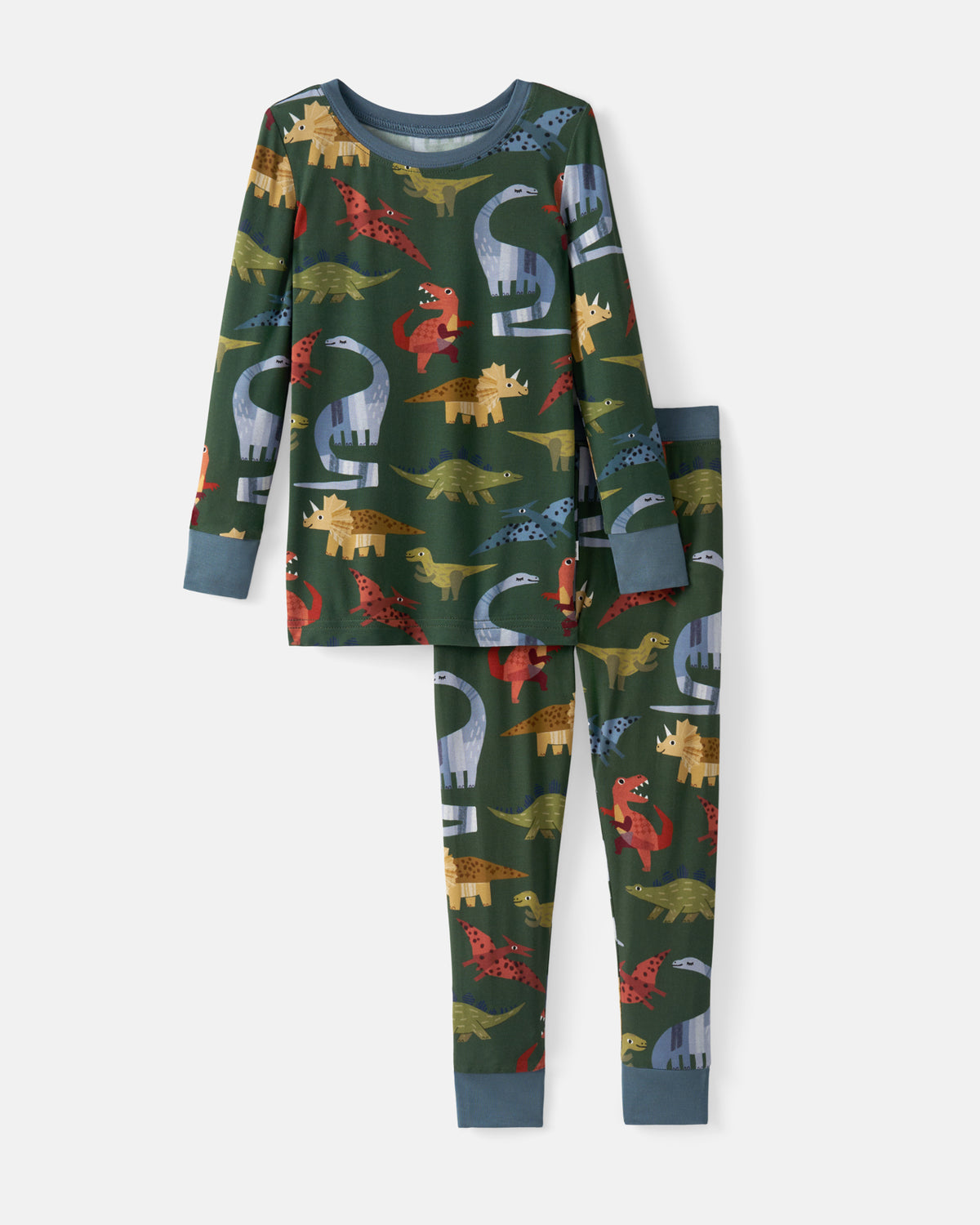 Flat lay of the Green Roar & Explore Two-Piece Pajama Set