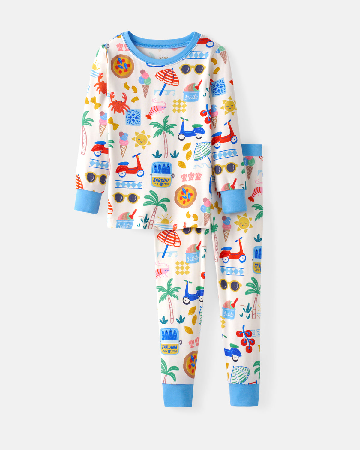 Flat lay of the Two children wearing Azure Garden and Ciao Bella Two-Piece Pajama Sets