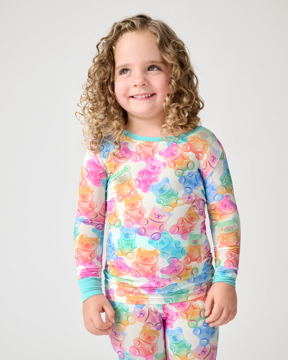 Close up of girl wearing the Gummy Giggles Two-Piece Pajama Set