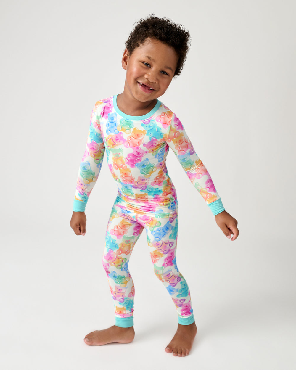 Boy wearing the Gummy Giggles Two-Piece Pajama Set