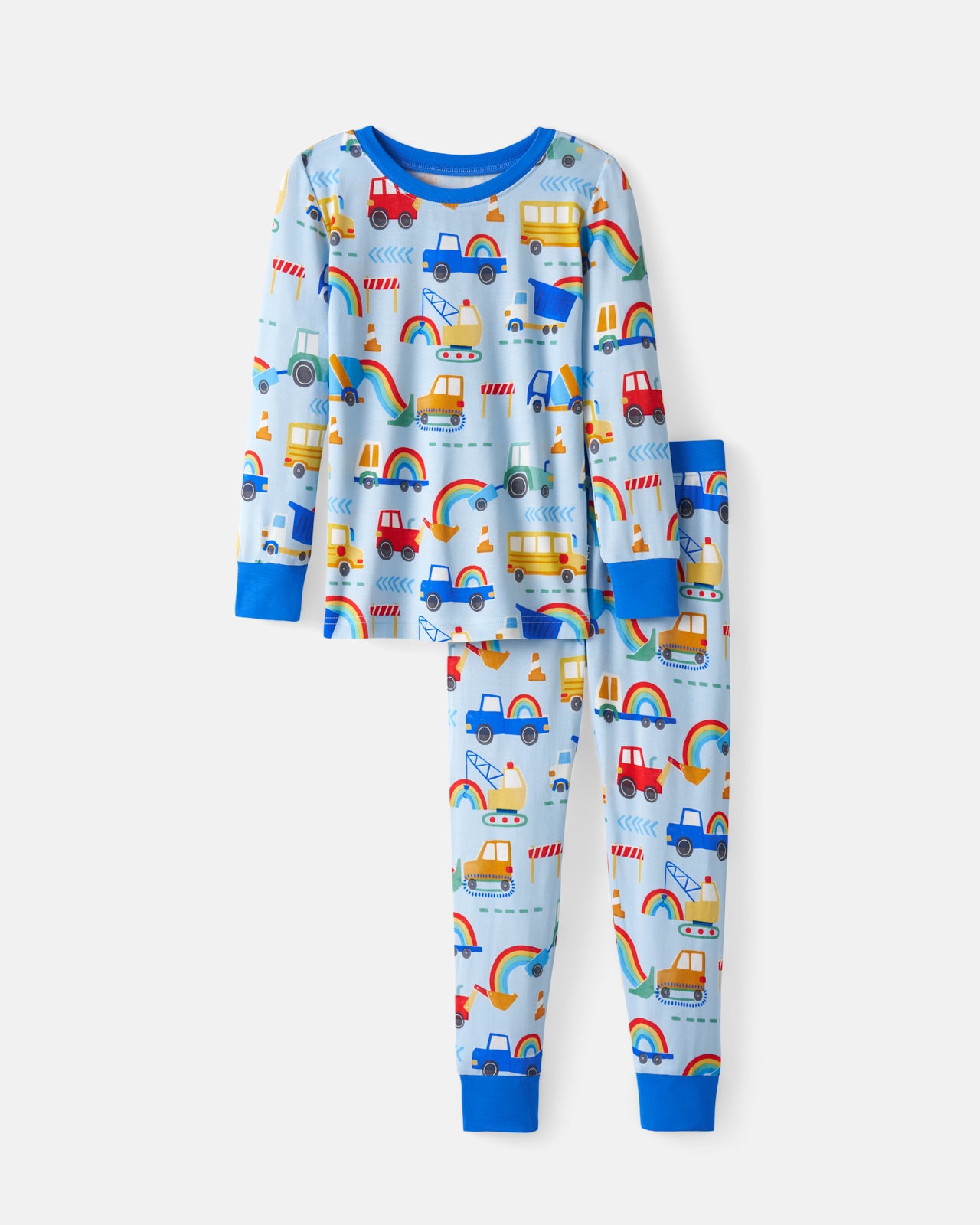 Flat lay of the Rainbow Trucks Two-Piece Pajama Set