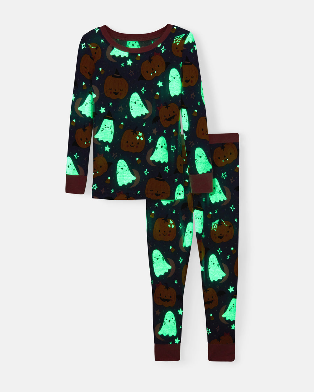 Flat lay of the glow in the dark Moonlit Magic Purple Two-Piece Pajama Set
