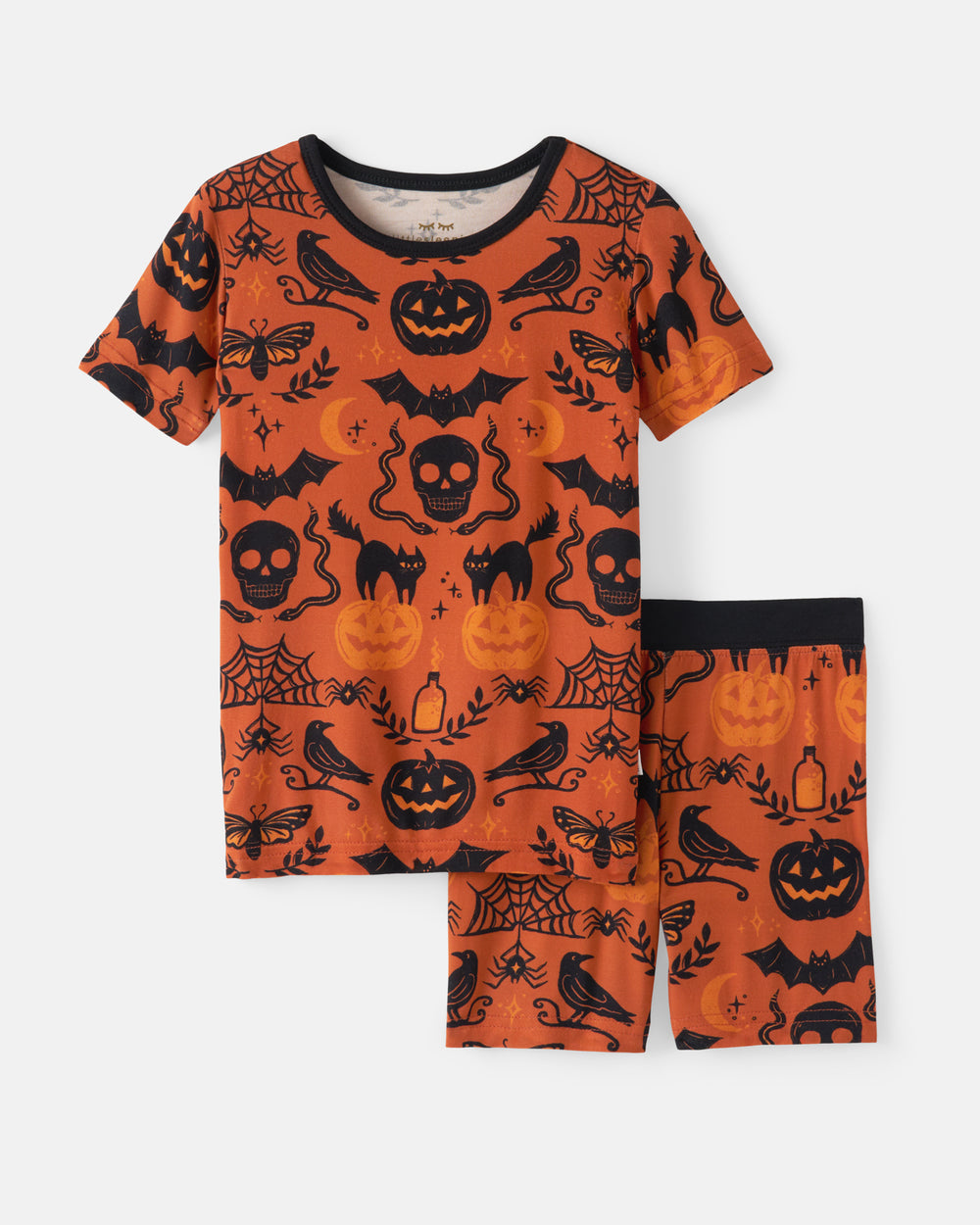 Flat lay of the Midnight Mischief Two-Piece Short Sleeve & Shorts Pajama Set