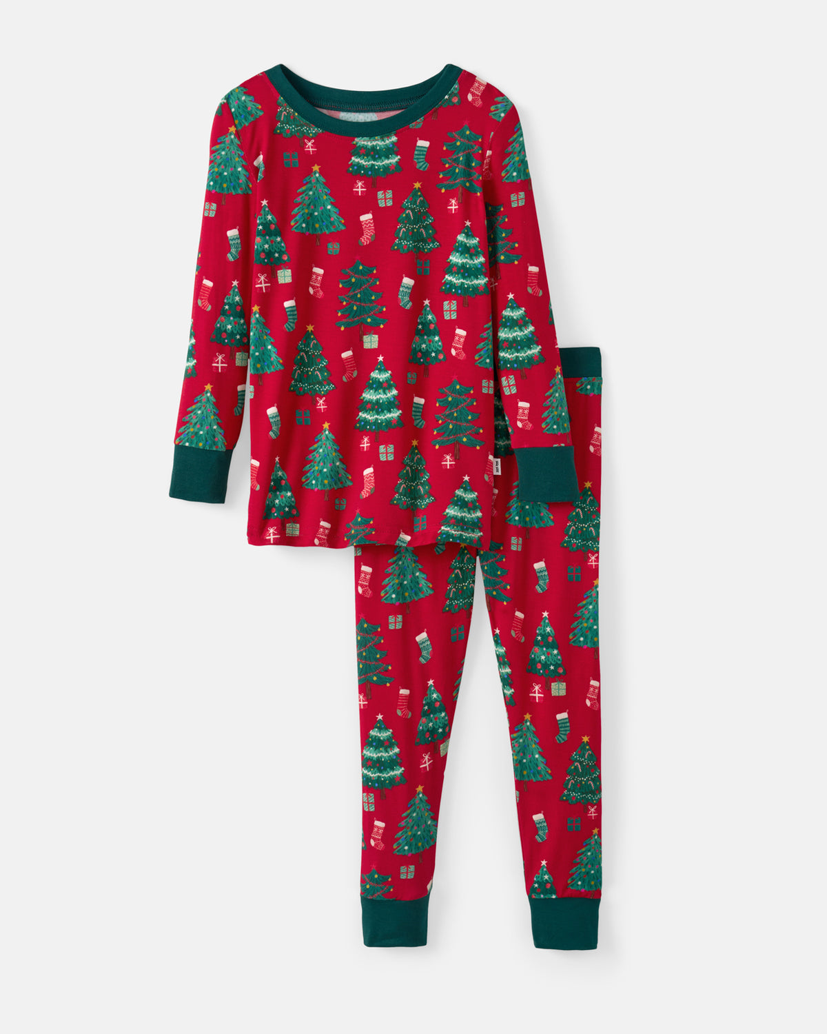 A two-piece children's pajama set featuring a festive Christmas tree print on a red background with dark green cuffs and collar, shown against a light gray background.