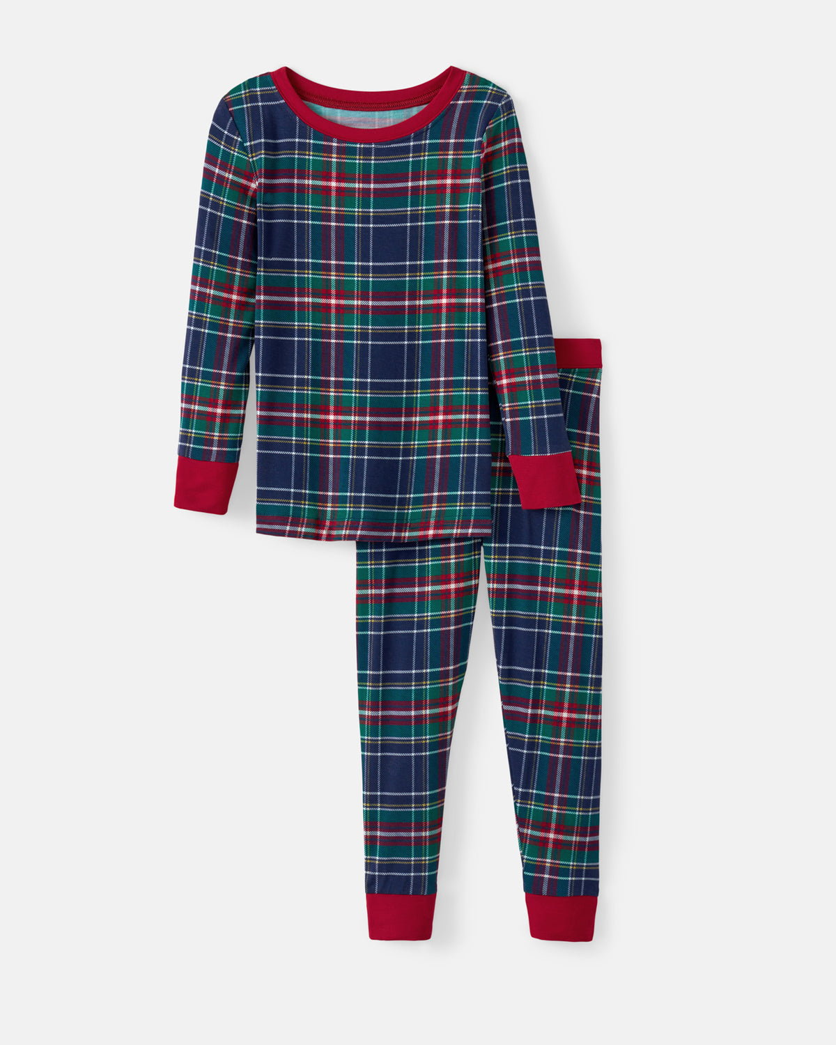 A two-piece children's pajama set featuring a long-sleeve top and matching pants in a navy blue tartan plaid pattern with red, green, and white stripes, finished with solid red cuffs and hem.