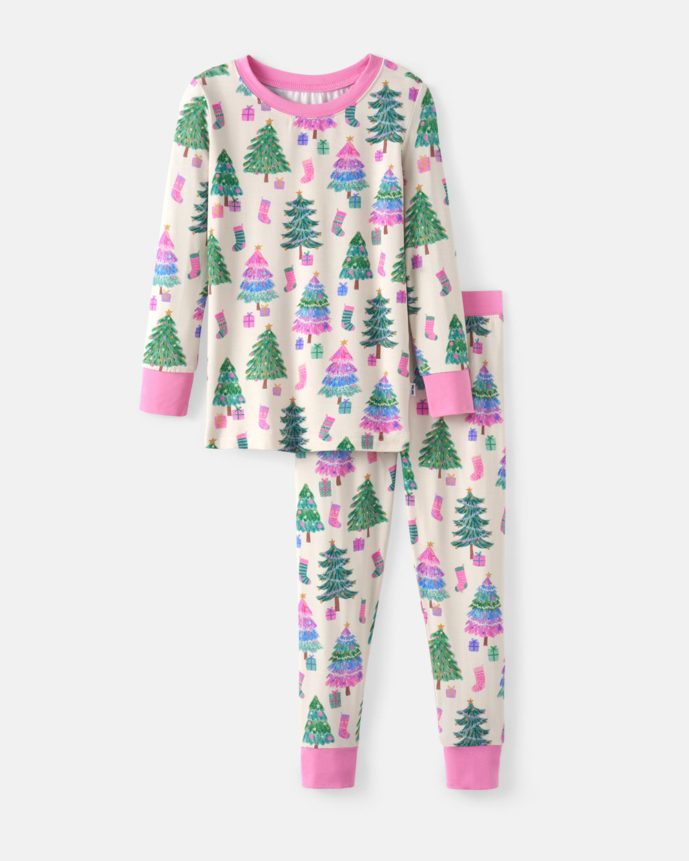 A two-piece long-sleeve pajama set for kids, featuring a cream-colored base with a festive Christmas tree and stocking pattern in green, pink, and purple, finished with solid pink cuffs and collar.