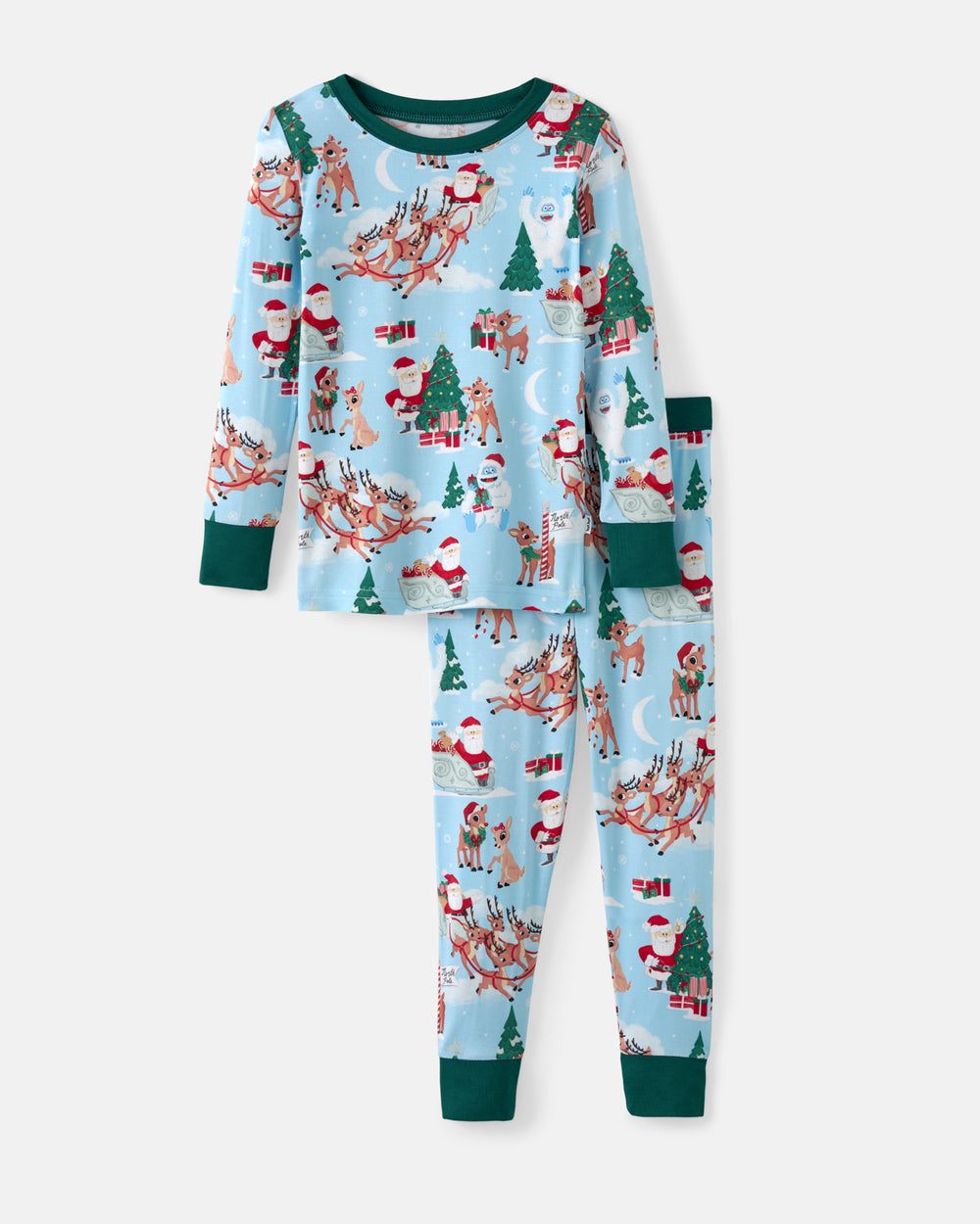 A two-piece children's pajama set featuring a light blue Christmas print with Santa Claus, reindeer, and Christmas trees, complete with dark green cuffs and leg cuffs, shown on a light gray background.
