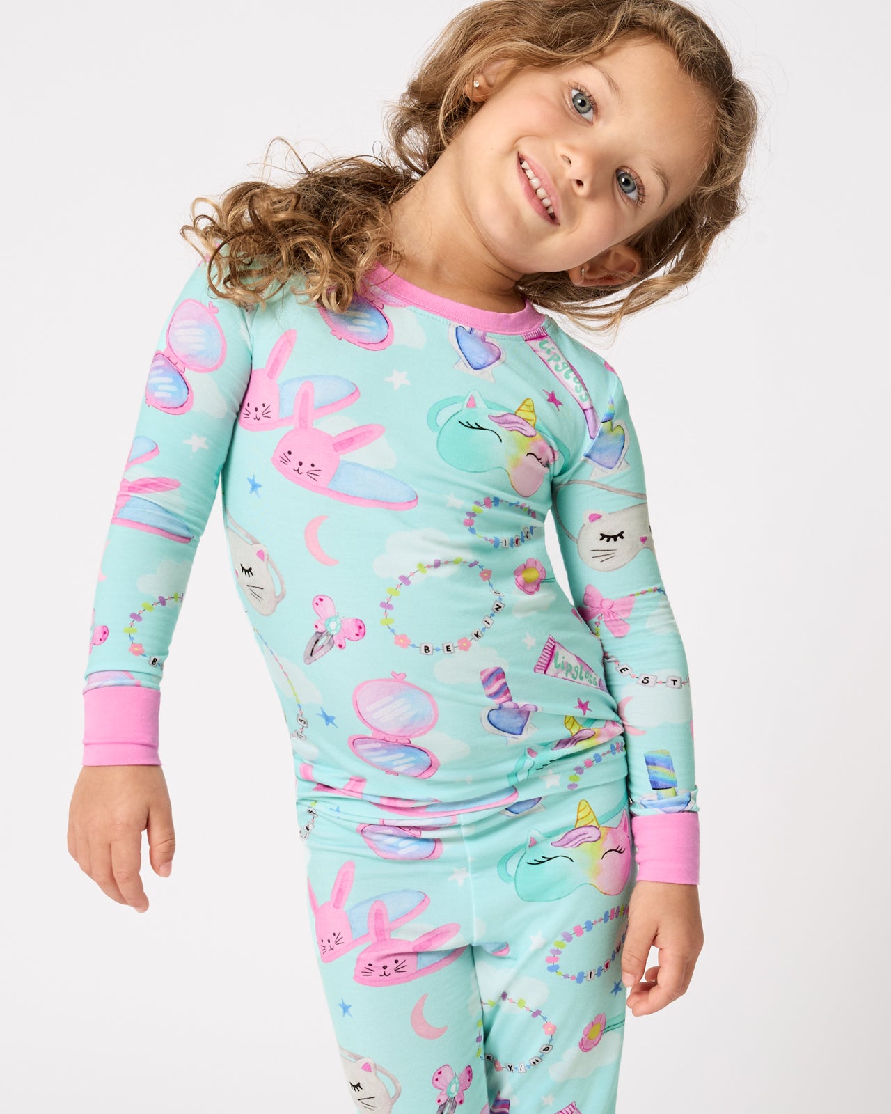 Close up of girl wearing the Slumber Club Two-Piece Pajama Set